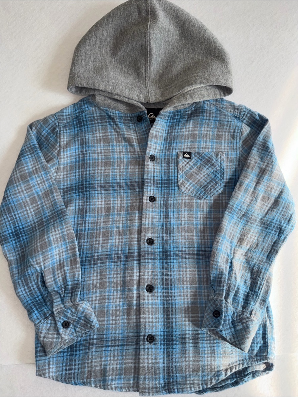 Quiksilver Boy's Gray & Blue Plaid Hooded Flannel Shirt / Jacket